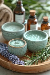 Wooden tray with lavender-filled bowls