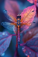 Dragonfly resting on purple flower