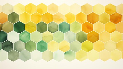 A minimalist design featuring clean lines forming hexagons and parallelograms in muted green and yellow, watercolor style on a white background, vibrant