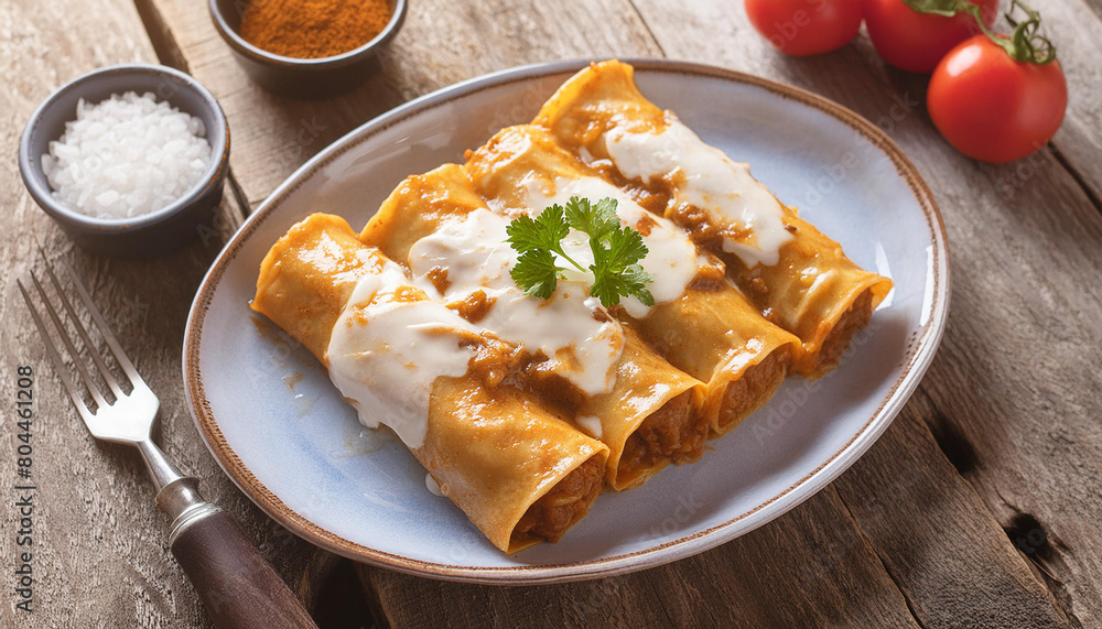 Wall mural Mexican enchiladas over wooden table. Tasty meal. Delicious food for dinner. Culinary concept.