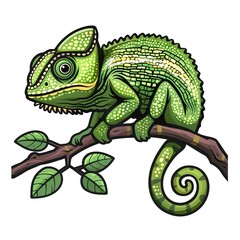 Obraz premium A cartoon chameleon is sitting on a branch. The chameleon is green and has a long tail. The branch is brown and has green leaves. The background is white.