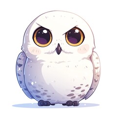 Fototapeta premium Draw an adorable cartoon snowy owl with big eyes and a soft, round body. Use a simple, clean style and focus on capturing the owl's cute and cuddly nature.