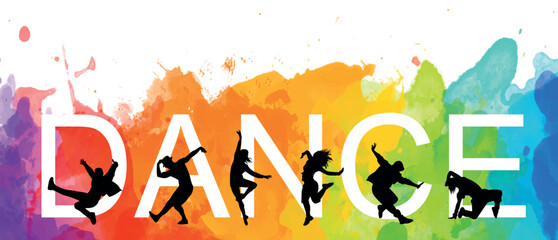 Detailed vector illustration silhouettes of expressive dance colorful group of people dancing. Jazz funk, hip-hop, house dance. Dancer man jumping on white background. Happy celebration