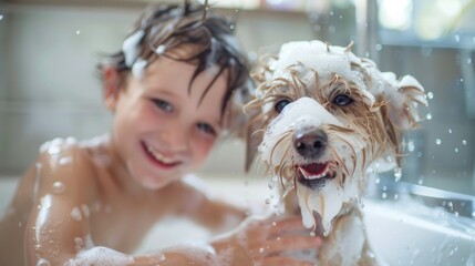 A little kid playing with dog in bath tab while taking a bubble bath shower