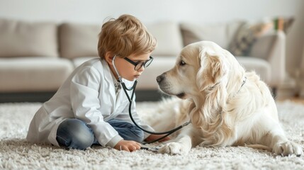 Little kid in doctor coat costume playing games with a dog on carpet floor at home.