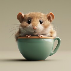 A cute mouse is sitting in a green teacup