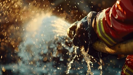 The most important fire in the world. Close-up shot. the hands of the fireman, who gently trims the hose and extinguishes the flames with water.