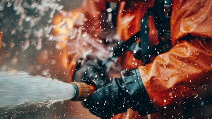 The most important fire in the world. Close-up shot. the hands of the fireman, who gently trims the hose and extinguishes the flames with water.