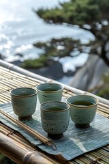 Bamboo table with four green cups