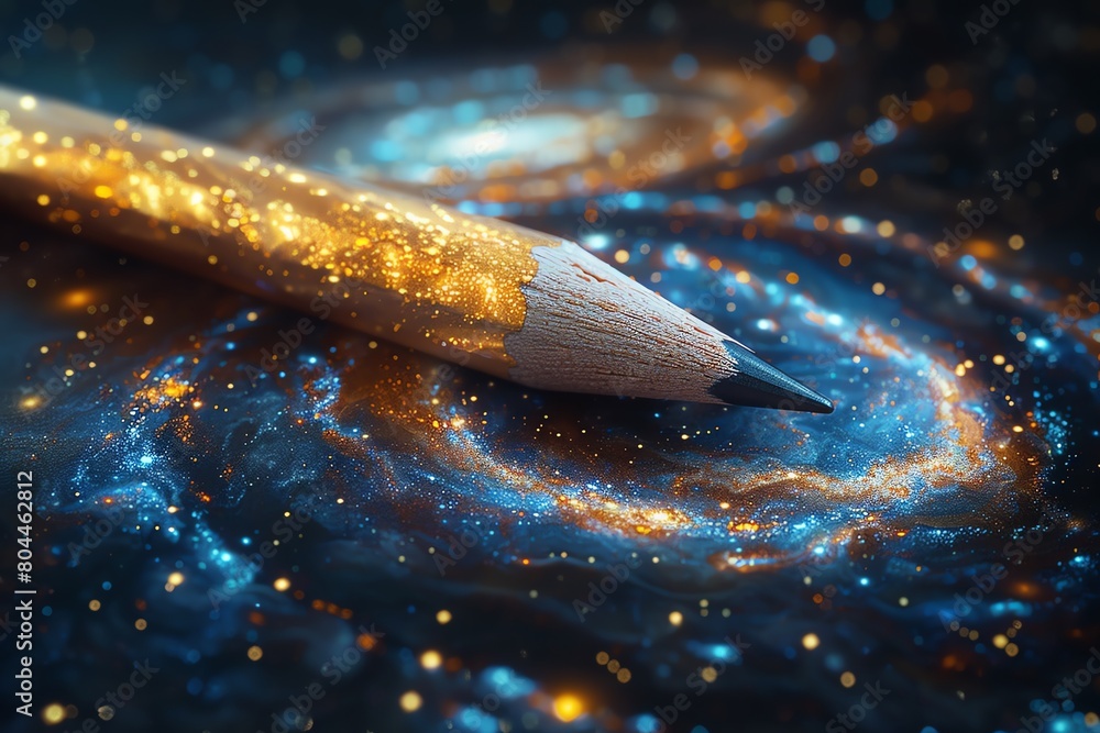 Wall mural A golden pencil rests on a swirling blue and gold galaxy, ready to write the next chapter of the universe.