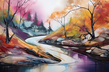 Gardinen hopeful river alongside pathway, abstract landscape art, painting background, wallpaper, generative ai © Niko