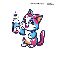 Cat holding a bottle of drinks character, illustration, mascot, logo, design, vector, eps 10