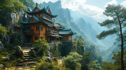 Ancient Chinese Temple On The Mountain Range Landscape Background