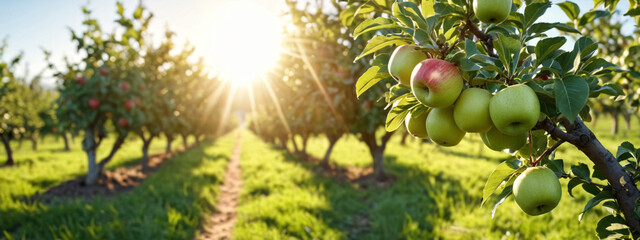 Fruit farm with apple trees. A branch with natural apples on a blurred background of an apple orchard at the golden hour. The concept of organic, local, seasonal fruits and harvesting.