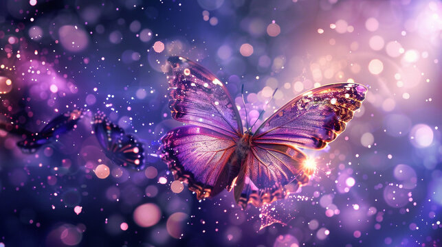 Cosmic butterflies with glowing purple wings, crystal and sparkle stuff everywhere. Flying in space.
