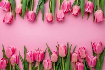 Pink tulips lined on pink background creating a border. Flat lay composition with copy space. Spring and Valentine's Day concept. Design for greeting card, invitation, poster.