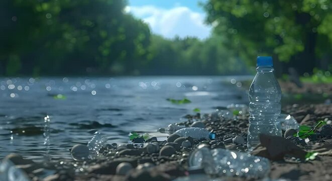Plastic bottles and waste contribute to water pollution a common environmental issue . Concept Water Pollution, Plastic Waste, Environmental Issues, Recycling, Conservation