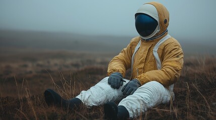 Astronaut sitting in a flower field on another planet