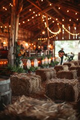 Barn dance party with hay bales and string lights