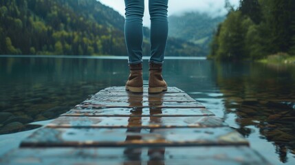 A person stands on a dock by a peaceful lake taking deep breaths and feeling the rhythm of the water to find inner peace.