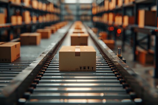 Cardboard boxes on a conveyor belt in a factory setting, showcasing a streamlined production process.