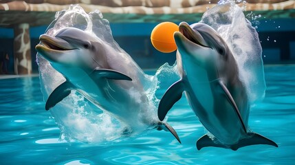 Dolphins, Fun, Ball, Swimming Pool, Water, Fish - Powered by Adobe