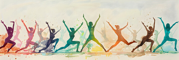 Dynamic Display of Silhouette Figures in Diverse Tranquil Yoga Poses on Pastel Backdrop