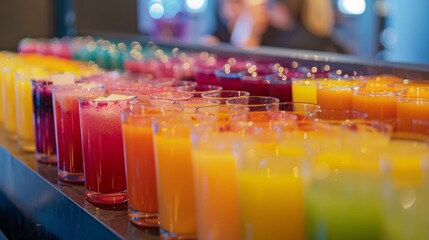 A table situated in the corner of the gym is filled with various glasses of freshly made juices in vibrant hues enticing participants to try a taste after their workout.