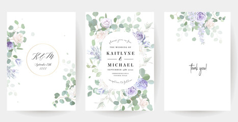 Periwinkle violet, purple bellflower, dusty mauve and lilac rose, hyacinth, wisteria, lavender, eucalyptus vector design frames. Stylish wedding flowers banners. Elements are isolated and editable