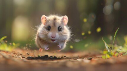 Obraz premium Cute running hamster in outdoor forest. 3D vector illustration.