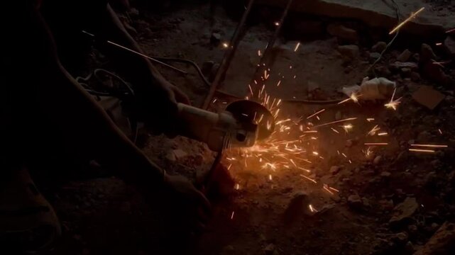 Reverse slow motion effect of a steel circular blade releasing fire sparkle