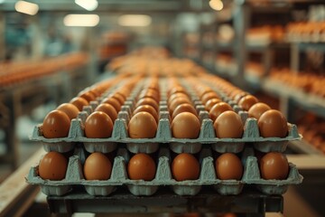 Rows of brown eggs sit neatly in cardboard trays, lined up in a large factory setting.