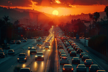 Highway trafic in sunset top veiw.