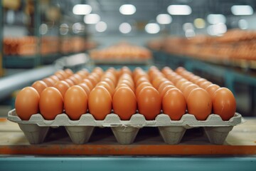 Rows of brown eggs sit neatly in cardboard trays, lined up in a large factory setting.