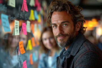 Obraz premium Man analyzing wall covered in sticky notes