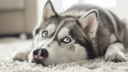 Portrait of a bored Husky dog over plain background