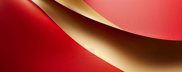 Abstract smooth curves of folded red and golden paper creating a dynamic flow. Modern minimalist design concept for wallpaper, poster, banner with copy space.