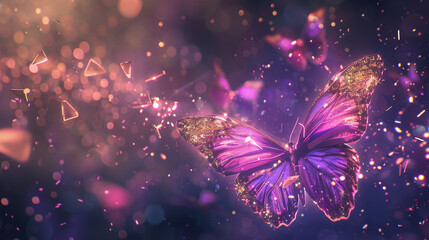 Cosmic butterflies with glowing purple wings, crystal and sparkle stuff everywhere. Flying in space.
