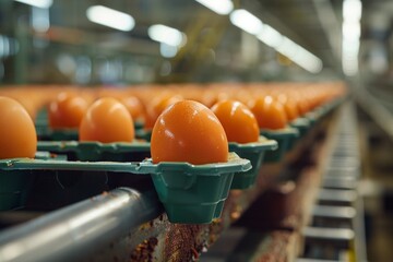Rows of orange eggs on a production line with blurred industrial background.