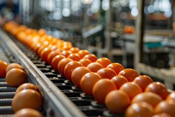 Rows of orange eggs on a production line with blurred industrial background.