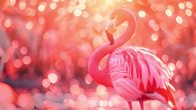 Gorgeous pink flamingos on pink pastel background. Summer holiday design. Lot of flamingos spend the winter in warm climates in Mexico, Celestun. Pink flamingo in the summer with sunlight. Pastel pink