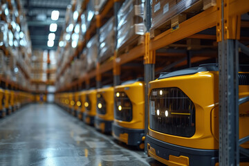 Row of yellow vehicles in warehouse