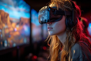 Woman engaging in virtual reality gaming experience