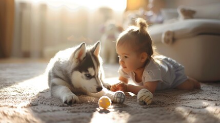 Portrait of a Husky dog playing with little child at home