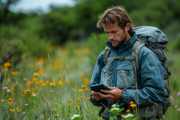 Man standing in field checking cell phone