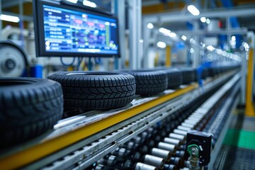 A high-tech monitor displays detailed analytics in a tire production line with robotic machinery.
