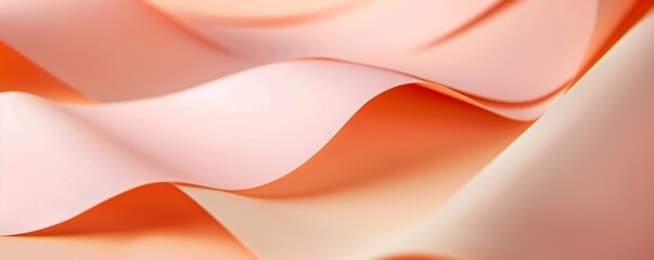 Abstract smooth curves of folded coral peach paper creating a dynamic flow. Modern minimalist design concept for wallpaper, poster, banner with copy space.
