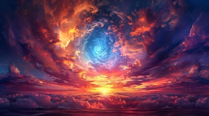 Craft an image of a surreal sunset panorama