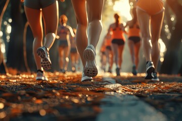 Runners legs in motion, capturing the energy of a marathon on a sun-drenched path covered in fallen leaves.
