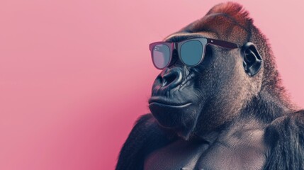 Obraz premium A fancy gorilla wearing glasses on pink background. Animal wearing sunglasses